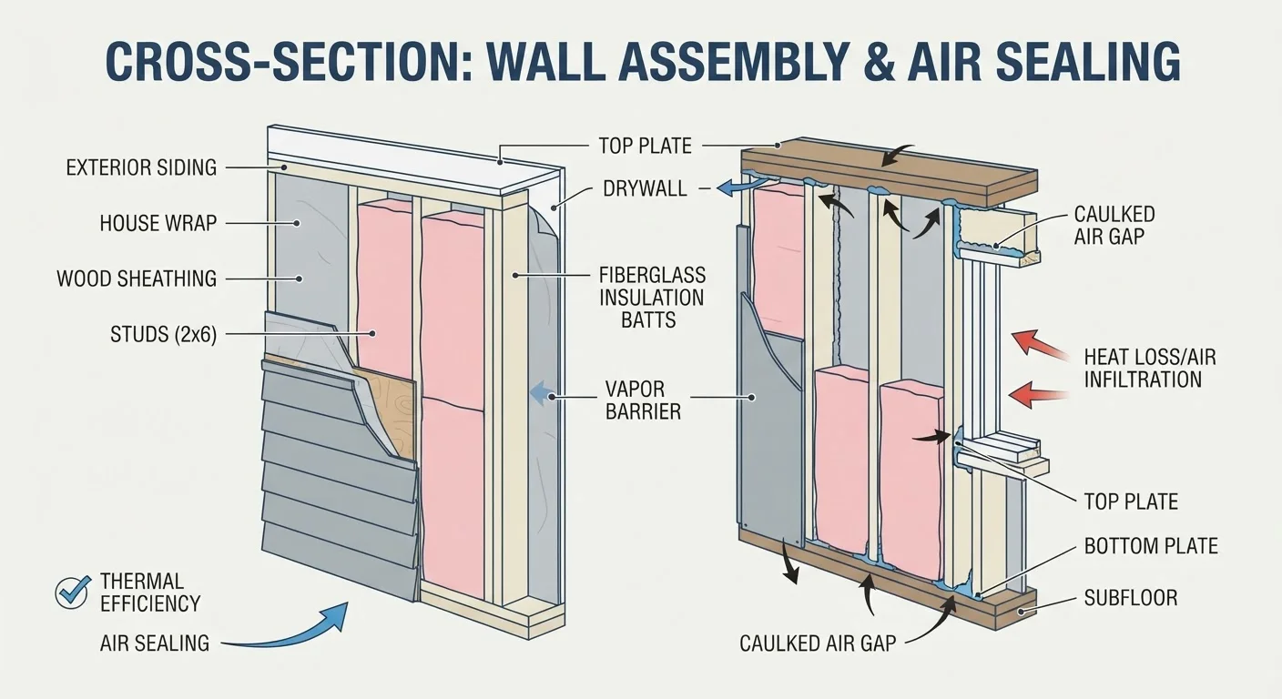Cutaway diagram of a home wall showing insulation layers and sealed air gaps side by side