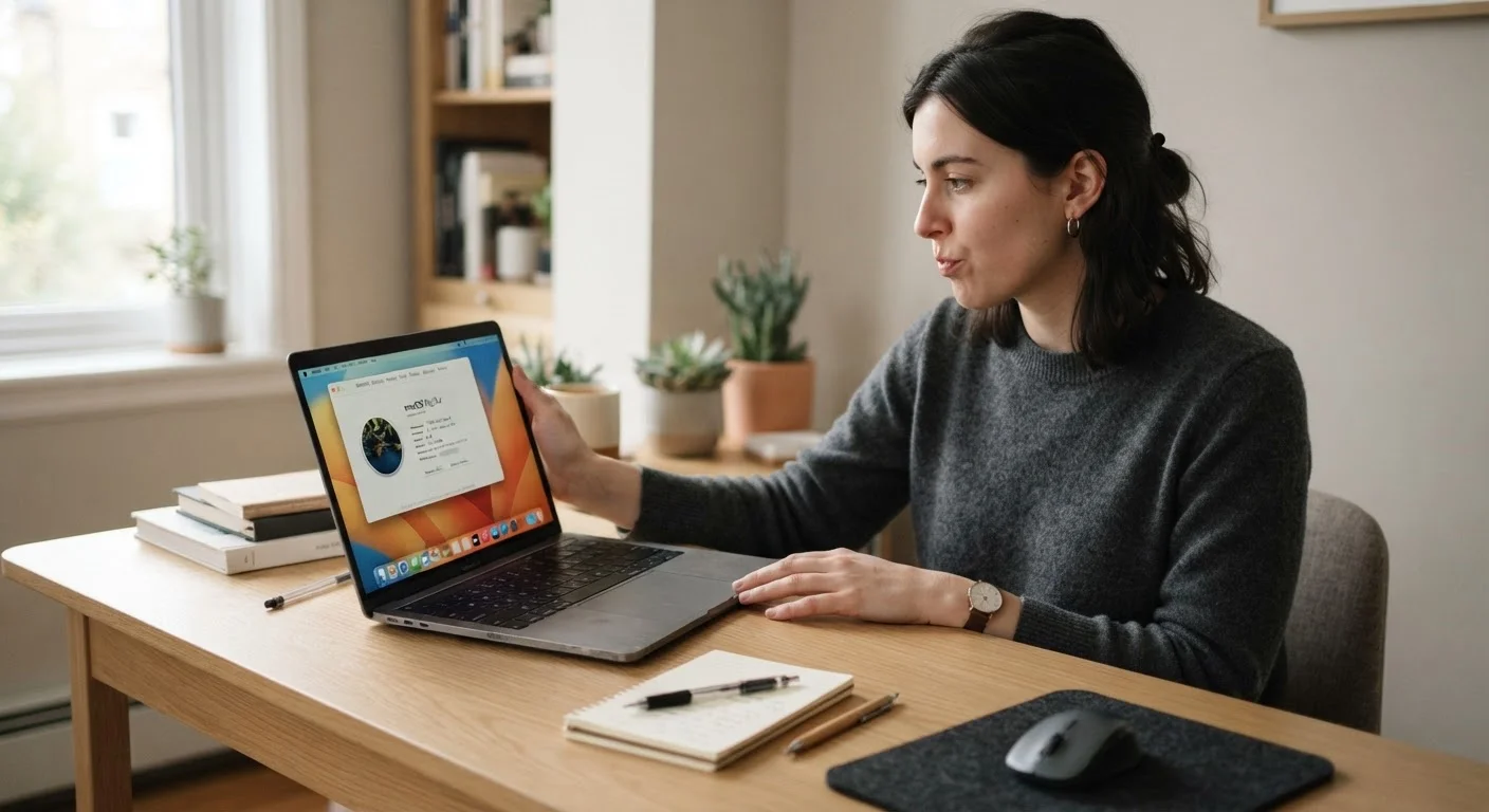 Person examining a used laptop computer at a desk in natural daylight before purchasing.