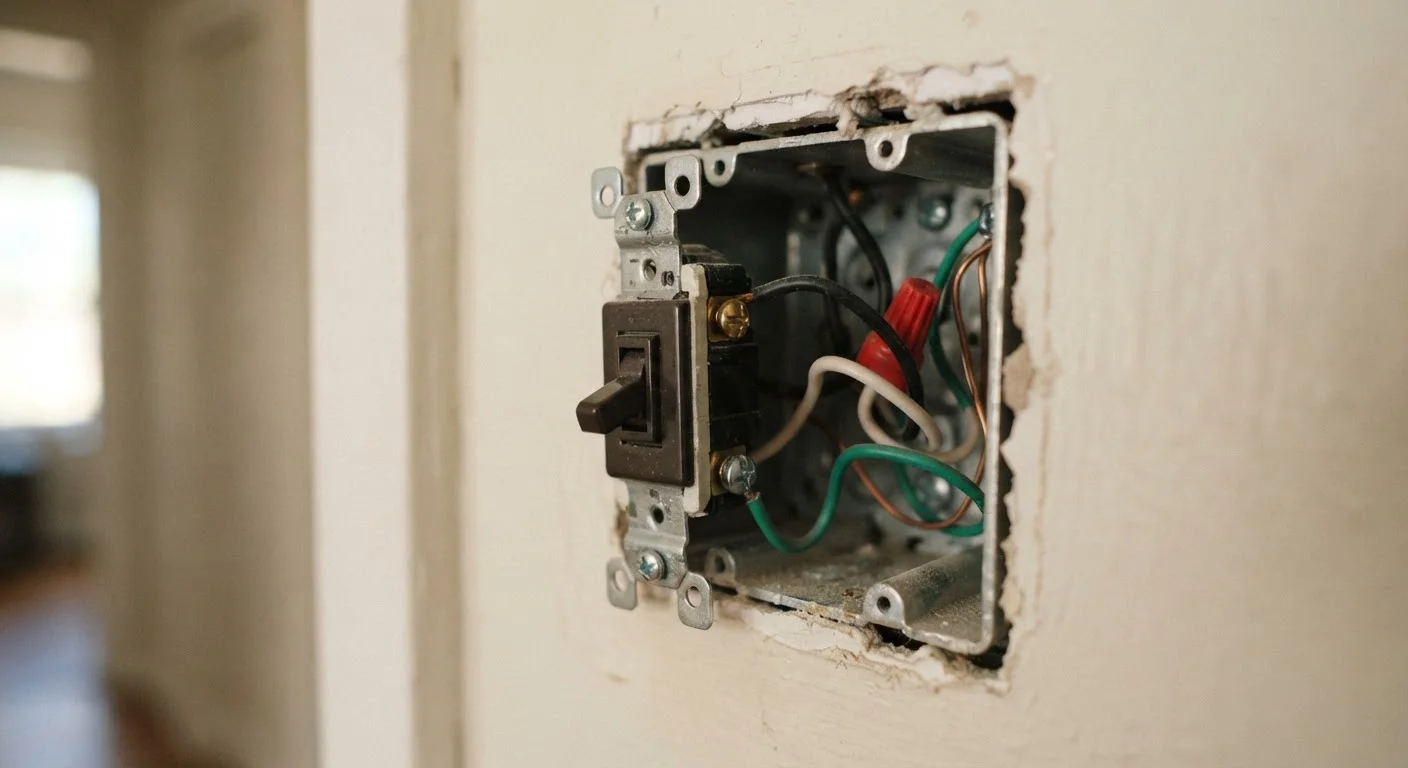 Open wall switch box revealing multiple colored electrical wires connected to a smart switch
