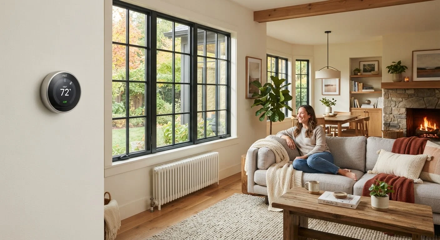Bright modern home interior with energy-efficient thermostat and insulated windows in natural light.