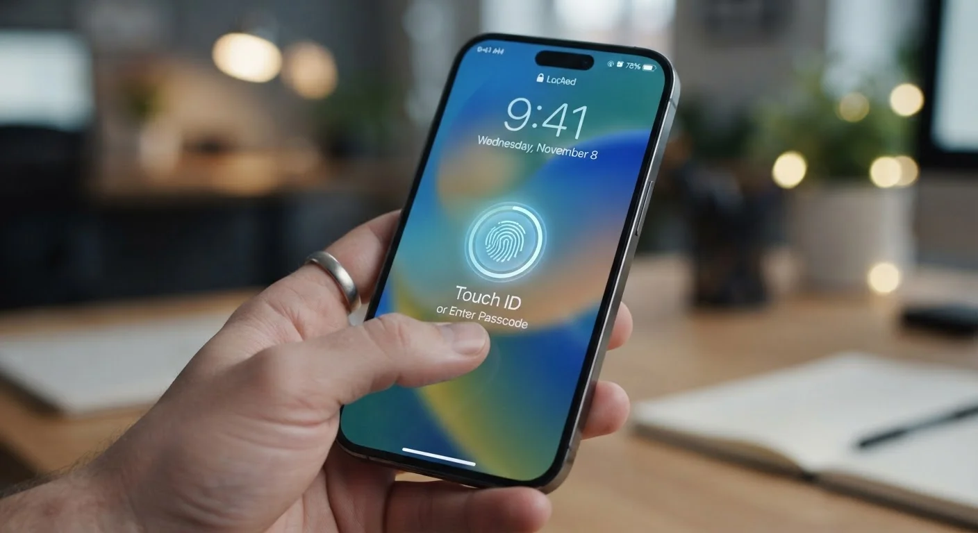 Smartphone displaying a security lock screen with a fingerprint biometric icon