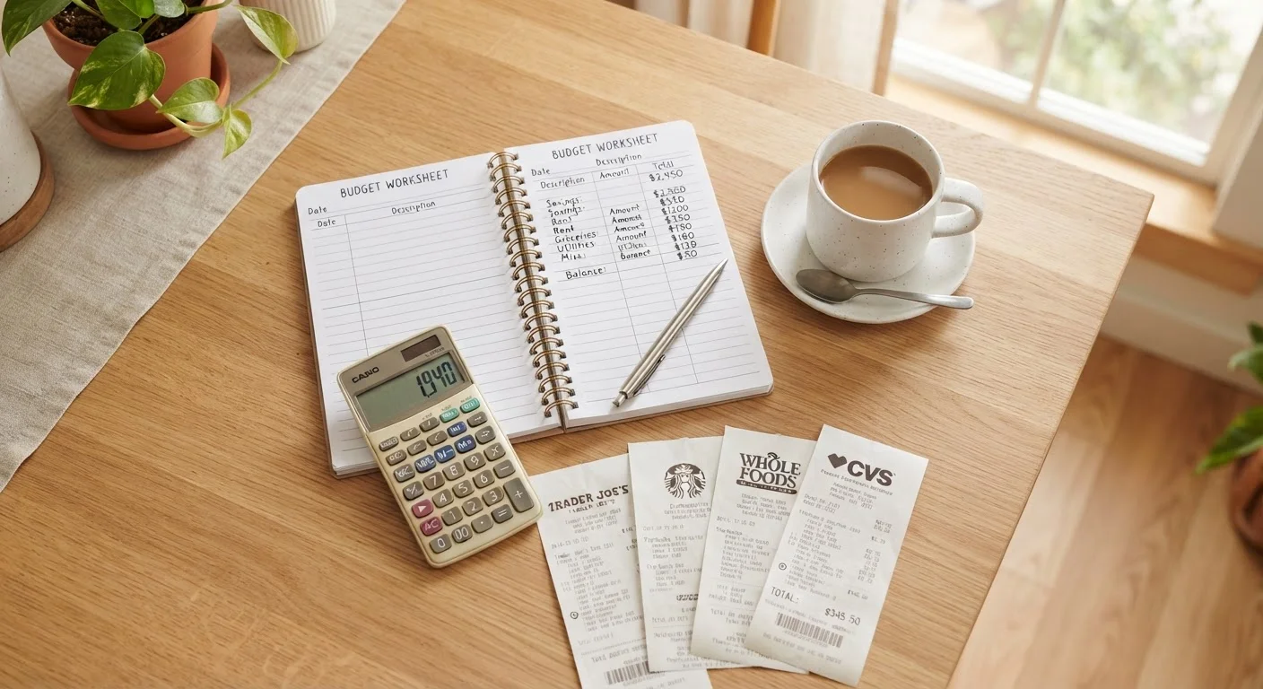 Open budget notebook on a kitchen table with calculator, coffee, and receipts