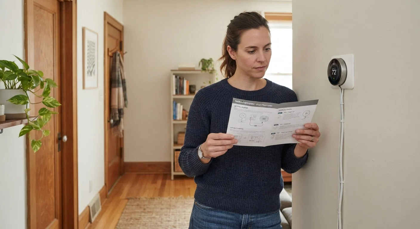 A person reviewing a smart thermostat installation guide next to a wall thermostat.