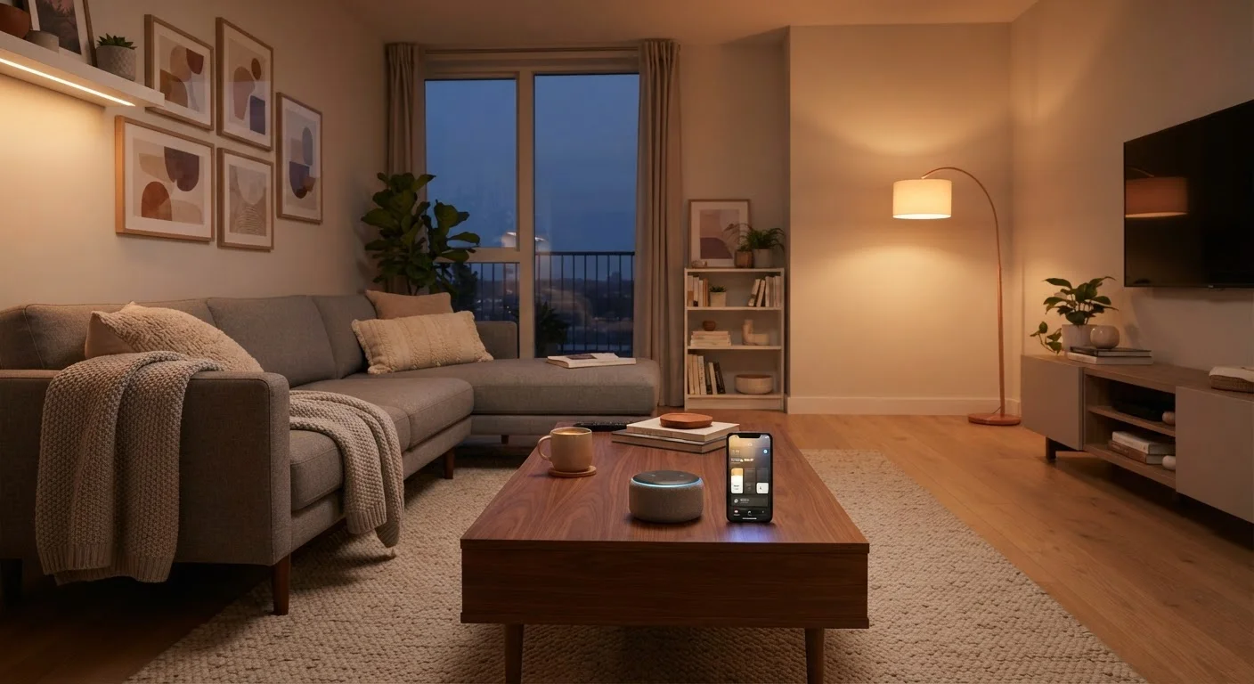 Modern living room with a smart speaker and smartphone controlling ambient lighting.