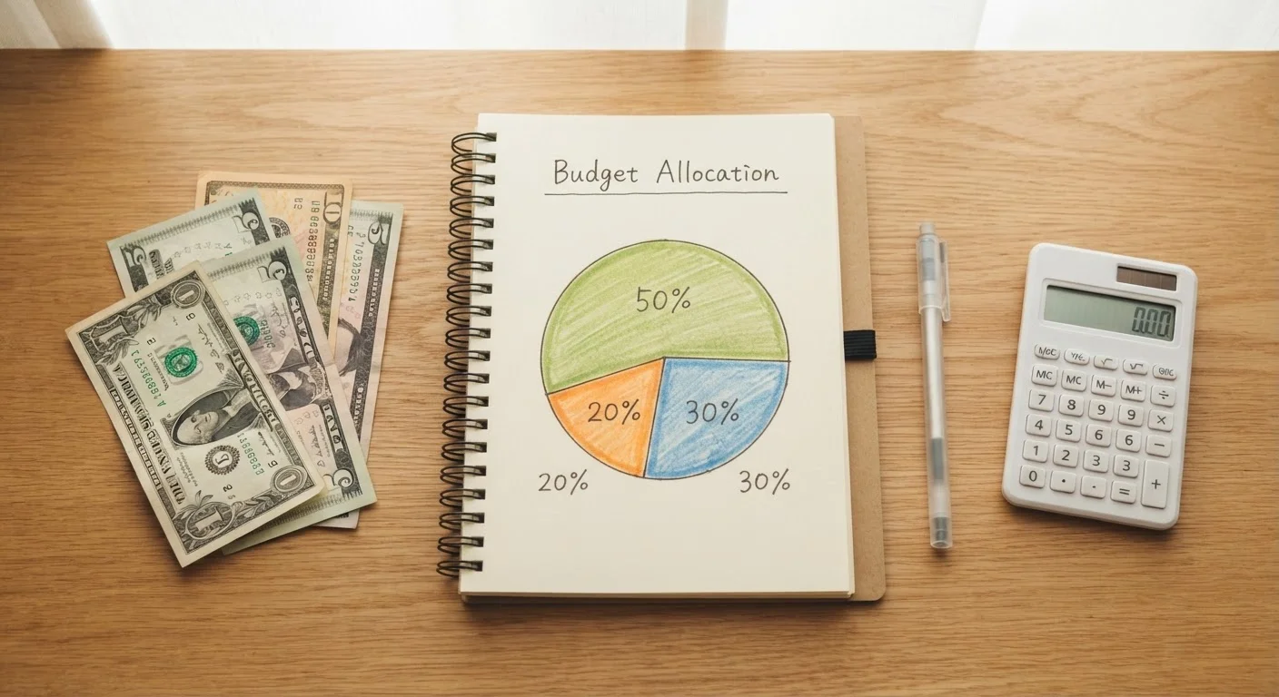 Notebook with a hand-drawn pie chart showing 50, 30, and 20 budget sections on a desk