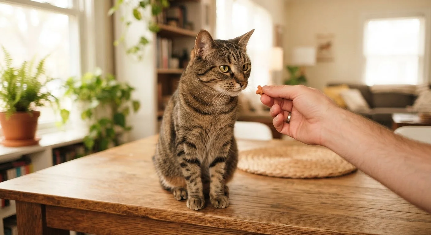 A tabby cat sitting attentively and watching a human hand holding a treat during a training session
