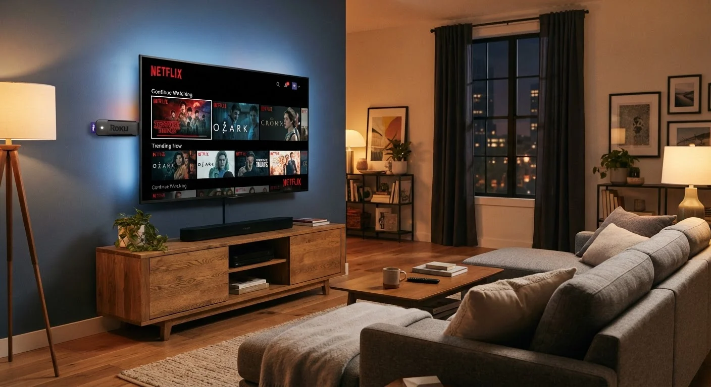A flat-screen smart TV with a streaming stick plugged into its HDMI port in a modern living room
