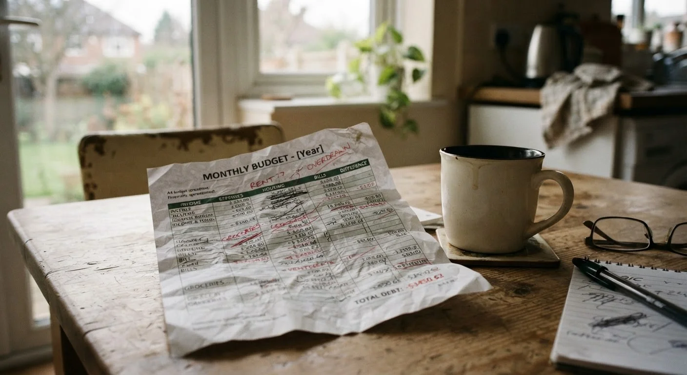 A crumpled budget spreadsheet on a kitchen table beside an empty coffee mug